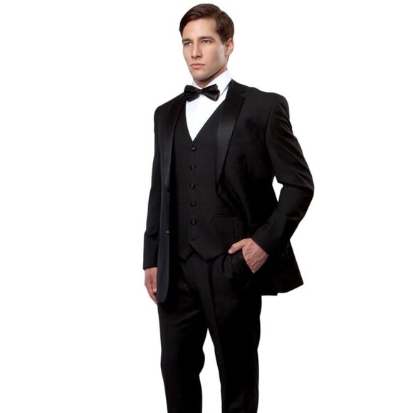 Mens Vested Slim Fit 2 Button Notch Wool Tuxedo in Black - Picture 1 of 2